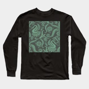 Mint Green on Sage Classy Medieval Damask Swans Long Sleeve T-Shirt